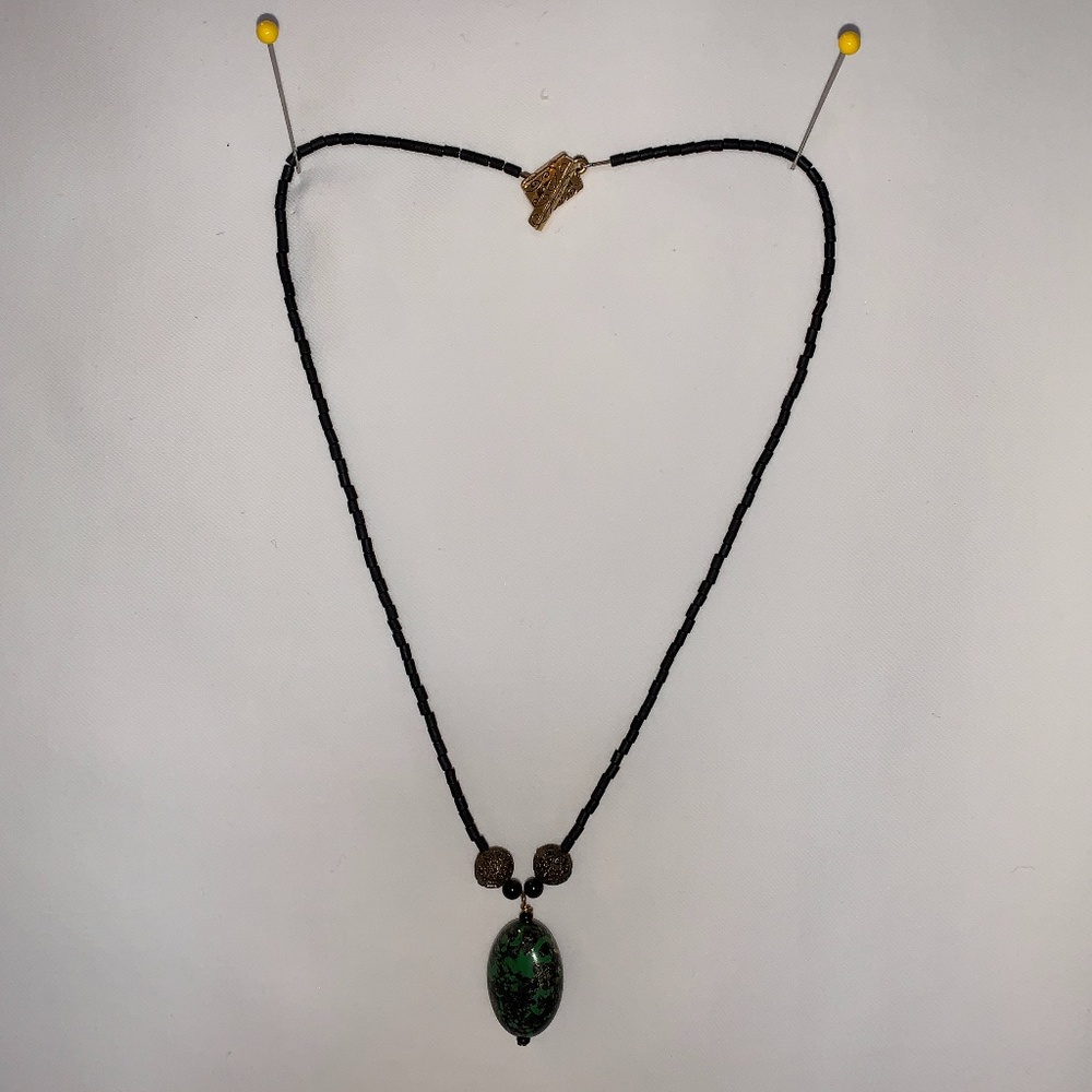 Green pendent/Black beaded string Necklace - 18"
